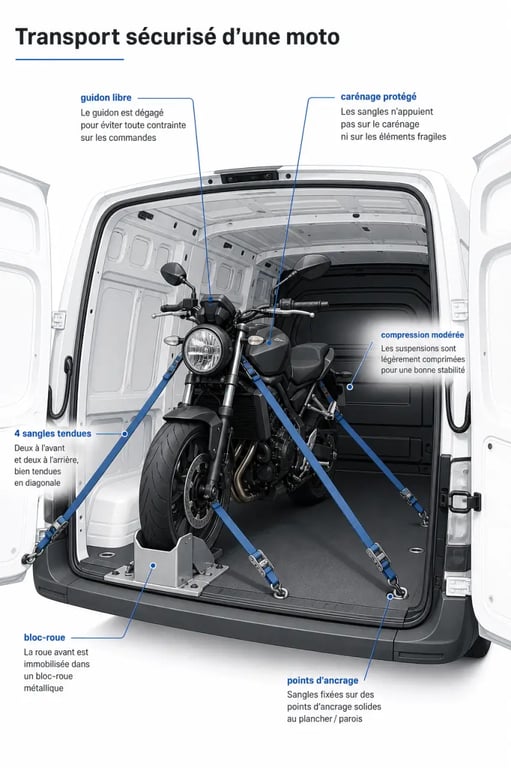 Comment transporter sa moto en toute sécurité lors d’un déménagement : moto sanglée dans un fourgon avec bloc-roue et points d’attache